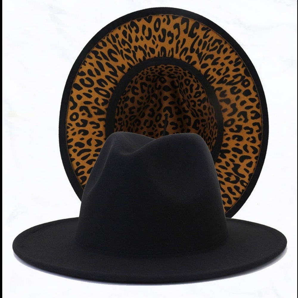 Brand new never worn black Fedora with leopard bottom